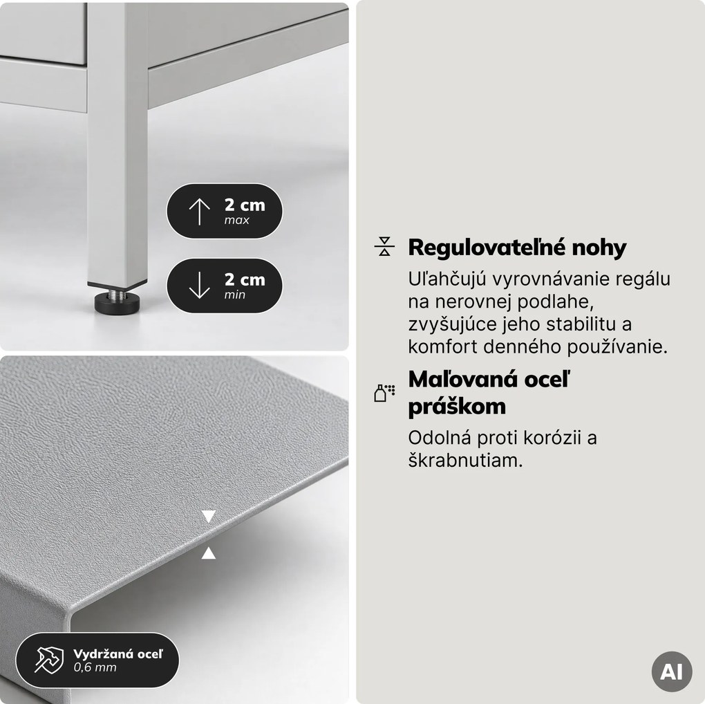 Regál so zásuvkami do kancelárie, na šanóny a dokumenty, otvorené police, kovový, sivý, 800x2200x400 mm: ARIEL