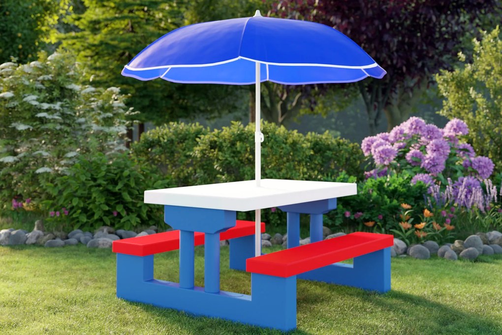 Spielwerk Detská sedacia zostava so slnečníkom JASMIN, 67x78,5x42,5cm, modrá/biela/červená