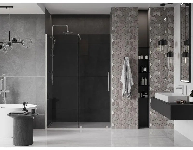 Mexen Velar, posuvné sprchové dvere do otvoru 150 cm, 8mm šedé sklo, brúsená oceľ, 871-150-000-41-97