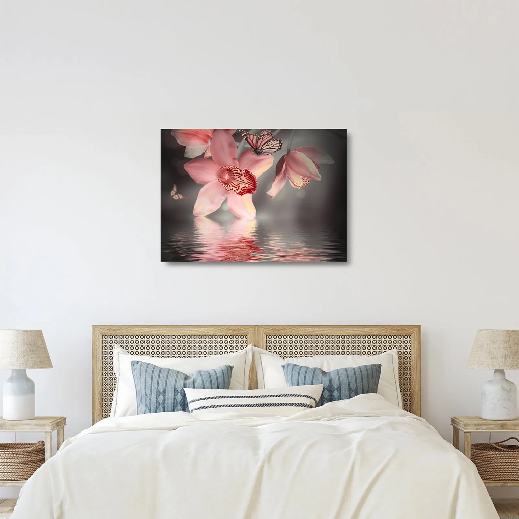 Sklenený obraz - Kvety a motýľ (70x50 cm)