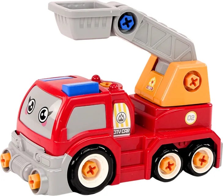 LEAN Toys Nákladné auto s výložníkom v kreslenom štýle na rozkrútenie – DIY, červené