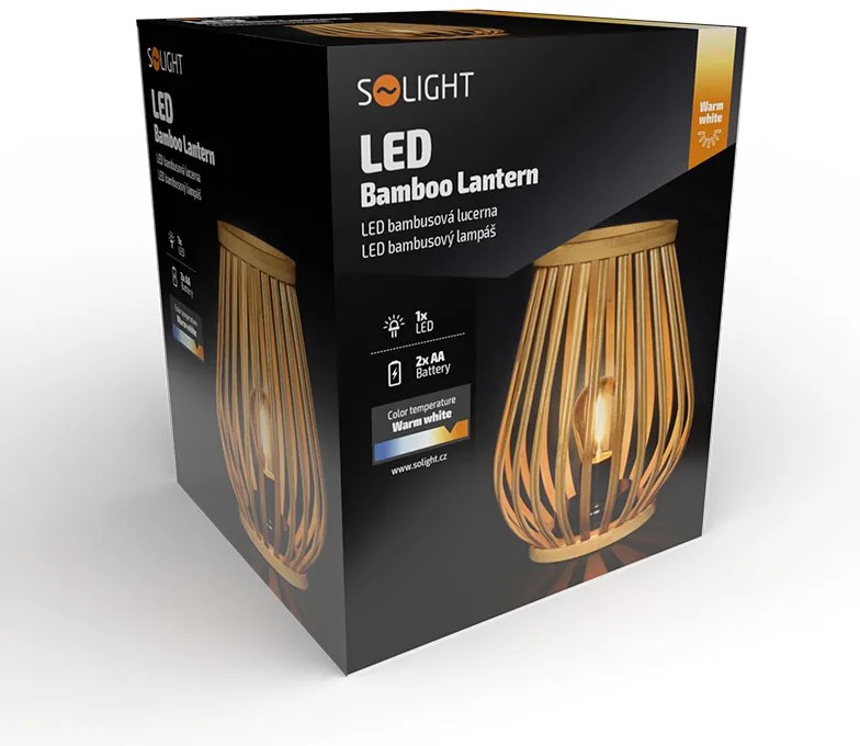 SOLIGHT Bambusový lampáš s LED žiarovkou, teplá biela, 2x AA, 20cm