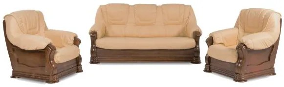 Kožená sedacia súprava Baron LUX 3N+1+1 - pieskový lesk s hnedým drevom