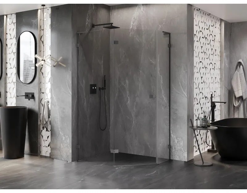 Mexen Lunar, L päťuholníkový sprchový kút naklápací doľava 100 x 90 cm, 8mm číre sklo, grafitový profil, 831L-100L-090P-95-00-L