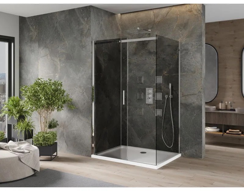 Mexen Omega, sprchový kút s posuvnými dverami 140 (dvere) x 90 (stena) cm, 8mm šedé sklo, chrómový profil + slim sprchová vanička biela + chrómový sifón, 825-140-090-01-40-4010