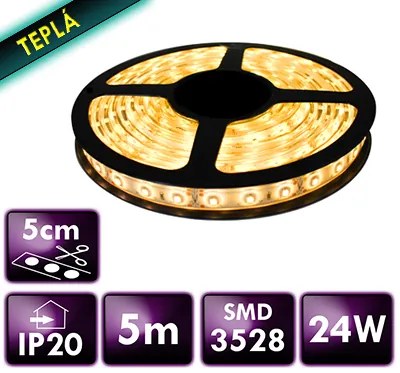BERGE LED pásik - SMD 2835 - 5m 24W IP20 60LED/m 4,8W/m teplá biela s konektorom