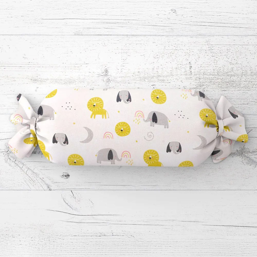 Biante Detský vankúš valec bonbon Sandra SA-649 Slony a levy na bielom 15x40 cm