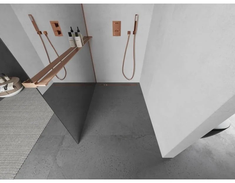 Mexen Kioto+, sprchová zástena Walk-In s poličkou a vešiakom 80 x 200 cm, 8mm sklo vzor zrkadlo, medený matný profil, 800-080-121-65-50
