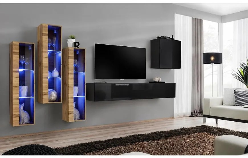 Obývacia stena Switch Sklo +LED XIII Wotan/čierna