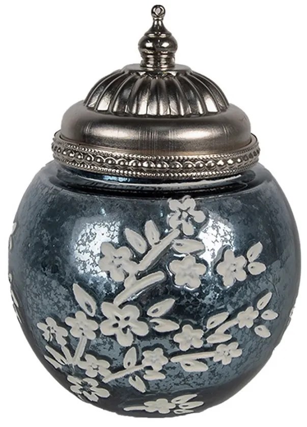 Modrá sklenená svietiaca LED lampáš s kvietkami Balli - Ø 11*15 cm