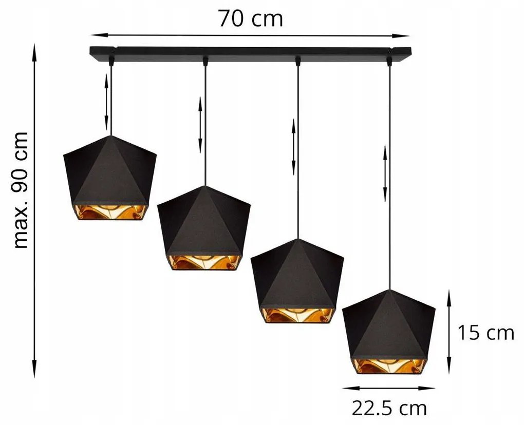 Závesné svietidlo Diamond gold, 4x čierne/zlaté textilné tienidlo
