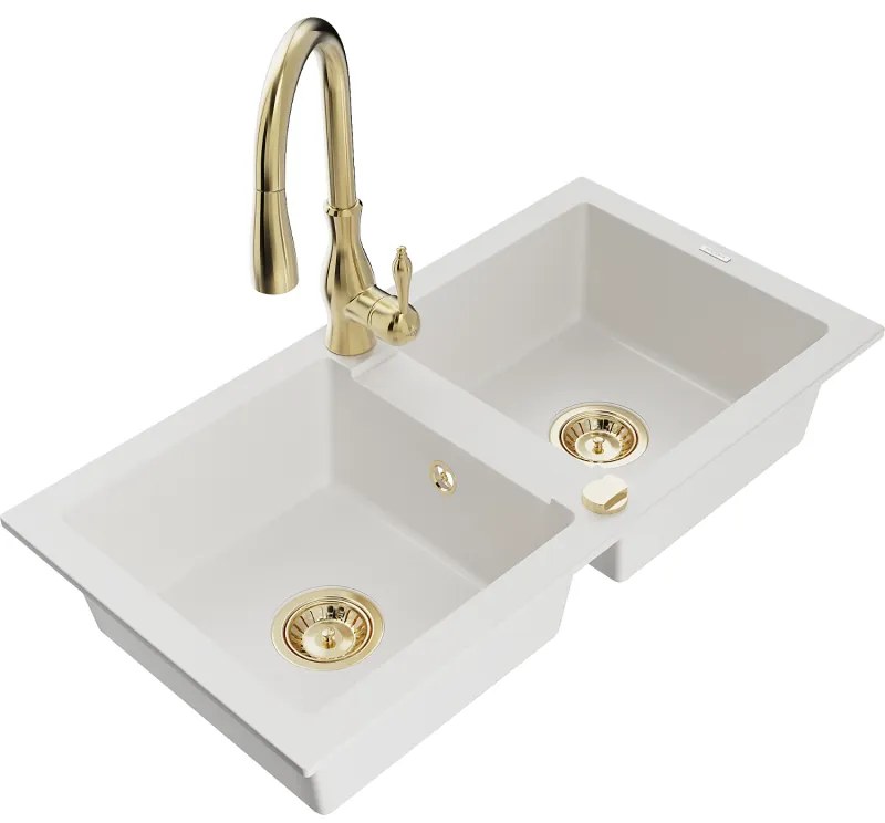 Mexen Mario, 2-komorový granitový drez 820x436x161 mm a drezová batéria Savita, biela, 6504-20-672601-50