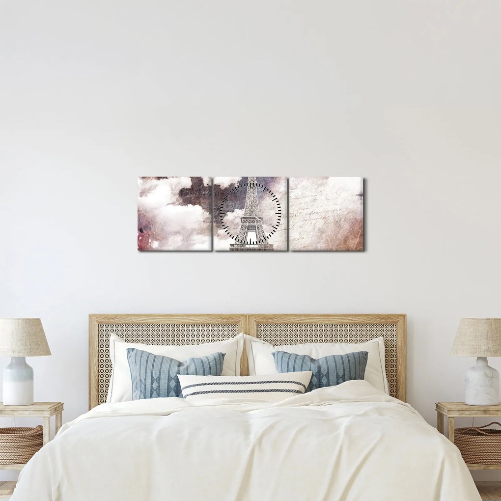 Obraz - Eiffelova veža, Paríž, Francúzsko (s hodinami) (90x30 cm)
