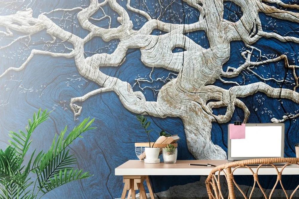 Samolepiaca tapeta abstraktný strom na dreve s modrým kontrastom - 375x250