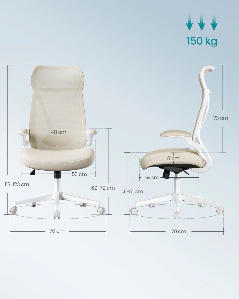 Ergonomická kancelárska stolička s nastaviteľnou výškou a sklápacími opierkami rúk, béžová
