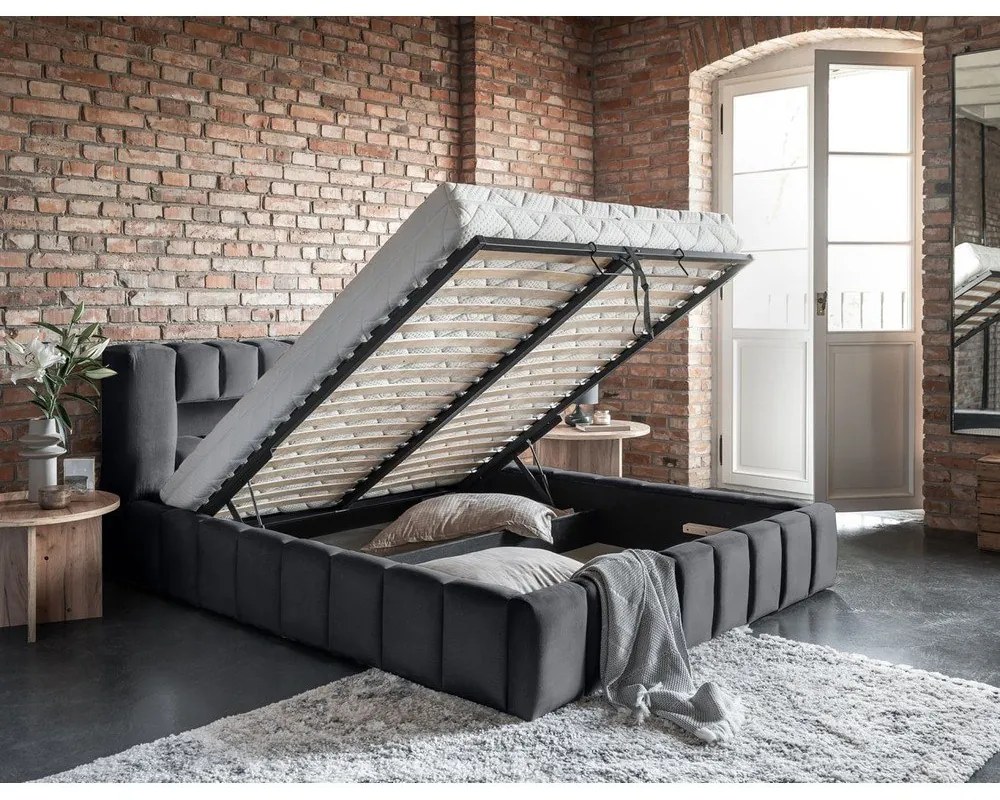 Sivá čalúnená dvojlôžková posteľ s úložným priestorom s roštom 180x200 cm Lamica – ELTAP