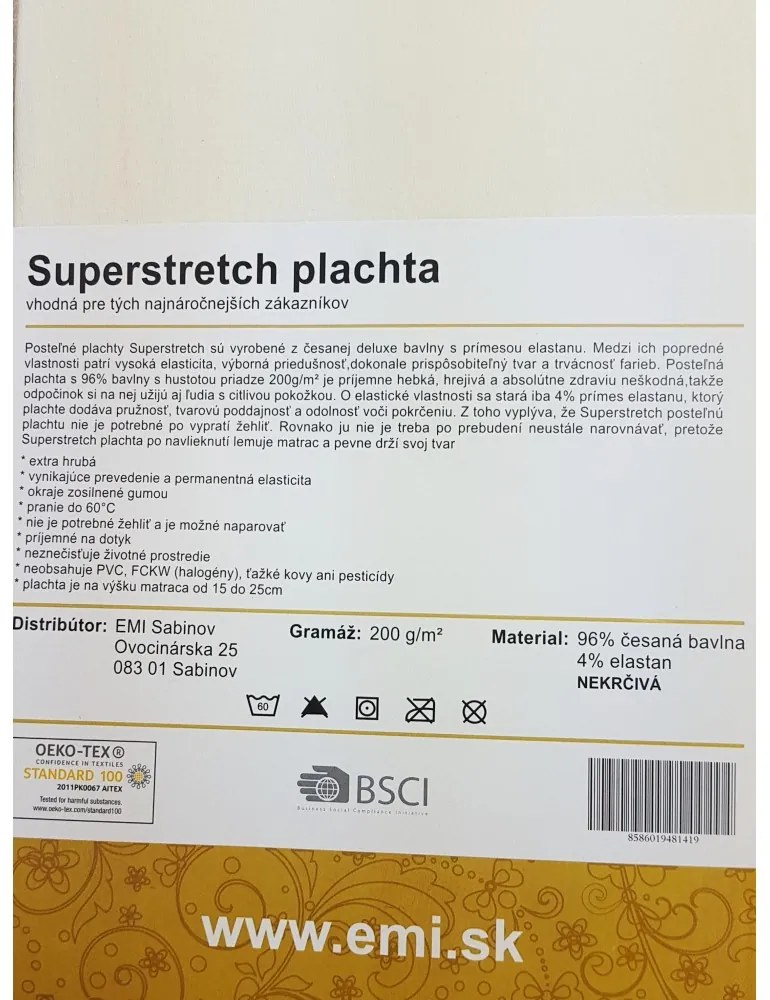Plachta posteľná prírodná superstretch EMI, Plachta 90x200
