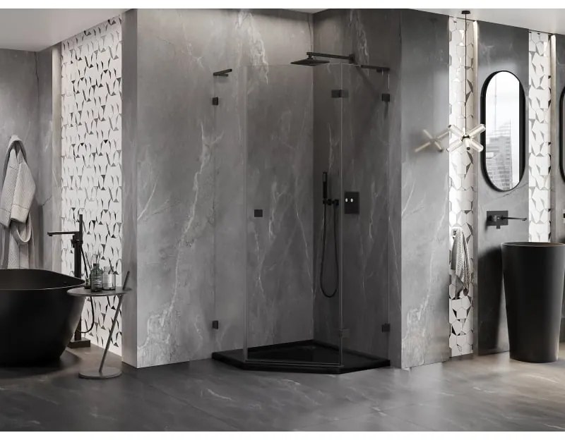 Mexen Lunar, L sklopný päťuholníkový sprchový kút pravý 90 x 90 cm, 8mm číre sklo, čierny profil, 831L-090P-090L-70-00-P