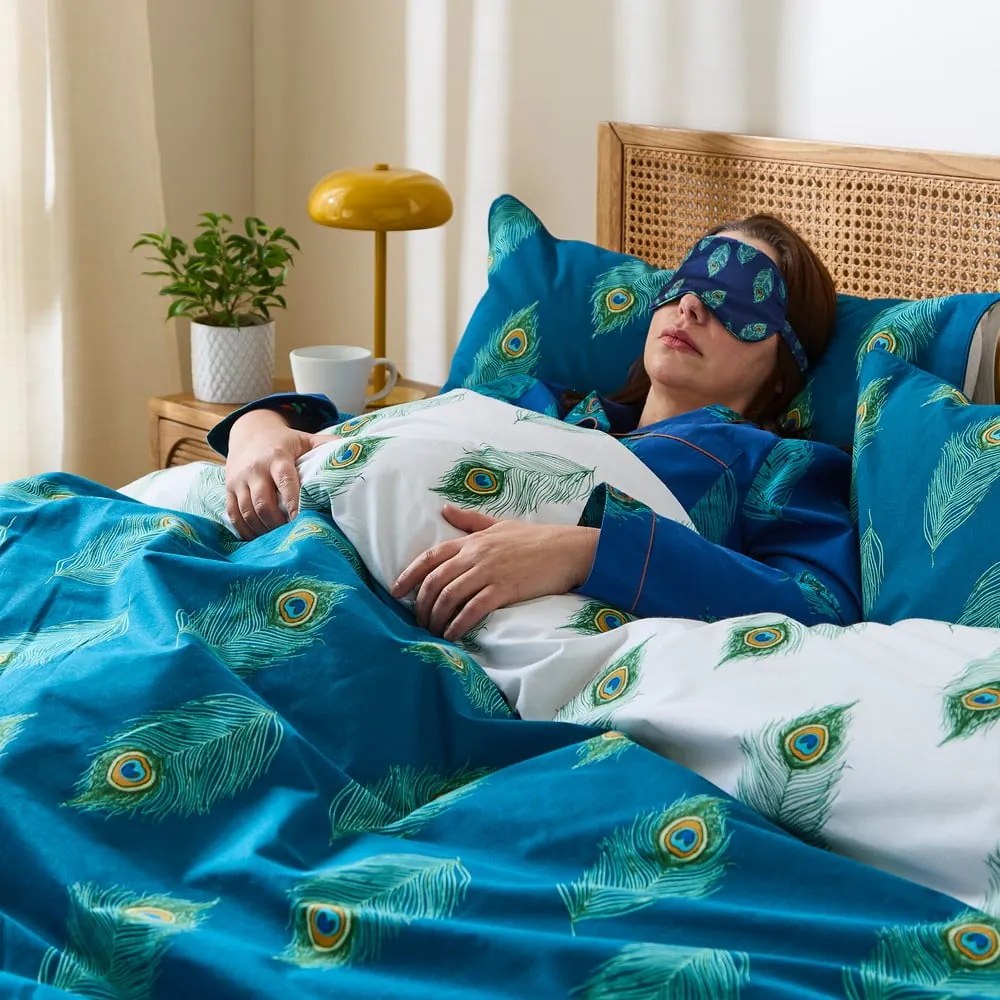 Biele/zelenomodré bavlnené obliečky na dvojlôžko 200x200 cm Peacock Feather – Their Nibs