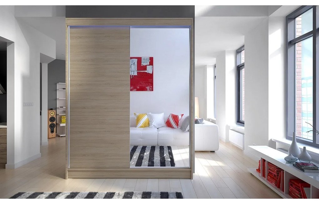 Skriňa s posuvnými dverami Belgia I, Farby: biela / sonoma + zrkadlo, Osvetlenie: osvetlenie LED RGB - farebné