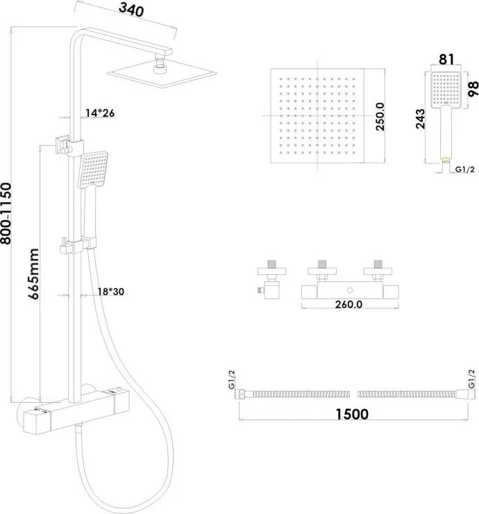 Sprchová tyč TAYLOR s ručnou a dažďovou sprchou - 25x25 cm - chrómová