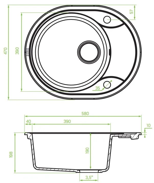 Laveo Dafne, 1-komorový granitový drez 580x470x198 mm, šedá, LAV-SBD_583T