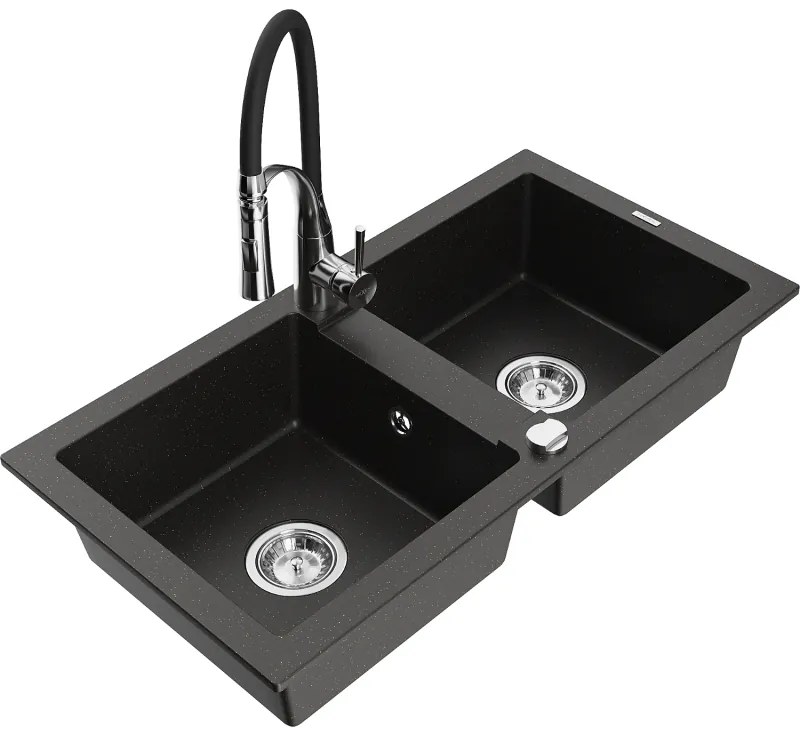 Mexen Mario, granitový drez 820x436x161 mm, 2-komorový a drezová batéria Aster, čierna-zlatá metalíza, 6504-75-73450-07