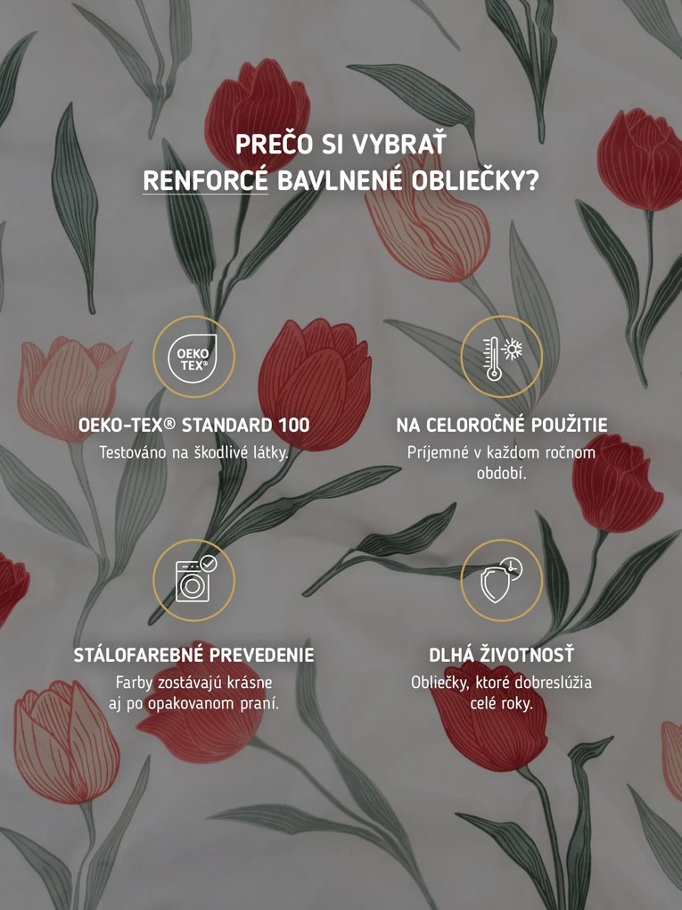 Bavlnené obliečky Renforcé - Kvety tulipánov červené 140 × 200 cm, 70 x 90 cm
