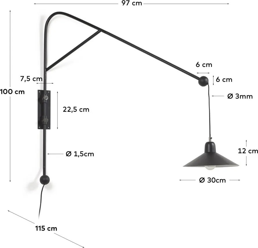 Čierne nástenné svietidlo ø 30 cm Eleazar – Kave Home