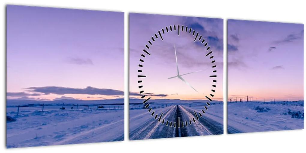 Obraz cesty v zime (s hodinami) (90x30 cm)