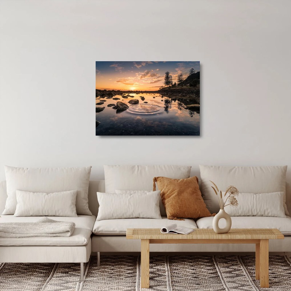 Sklenený obraz - Západ slnka pri jazere (70x50 cm)