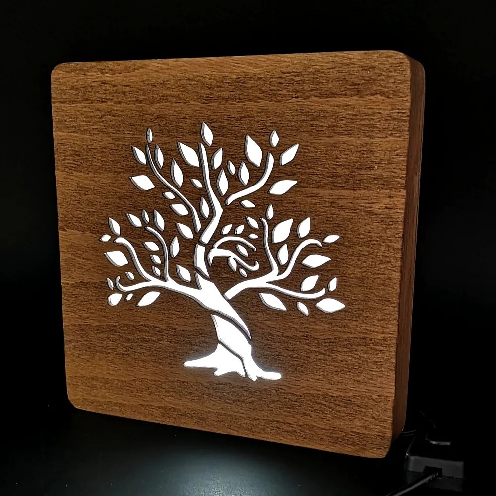 AMADEA Drevená lampička s motívom stromu, veľkosť 20 cm, s LED osvetlením s trafom na 12V