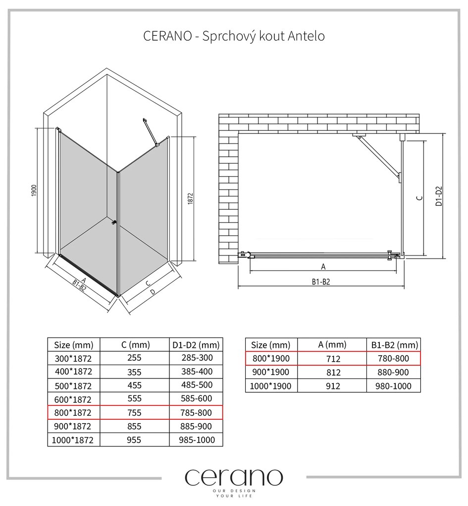 Cerano Antelo, 1-krídlový sprchovací kút 80(dvere) x 80(stena) x 190 cm, 6mm číre sklo, chrómový profil,