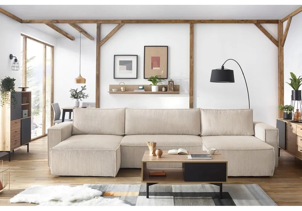 Béžová menčestrová rozkladacia rohová pohovka do "U" Nihad – Bobochic Paris