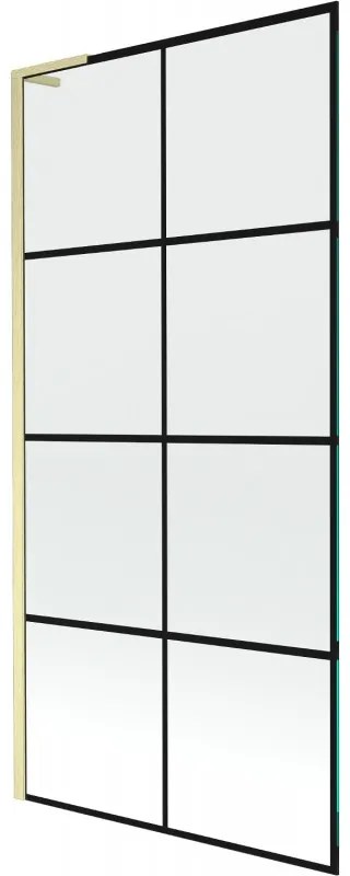 Mexen Next L, 1-krídlová vaňová zástena 90 x 150 cm, 6mm číre sklo-čierny vzor, zlatý matný profil, 895-090-000-03-77-55