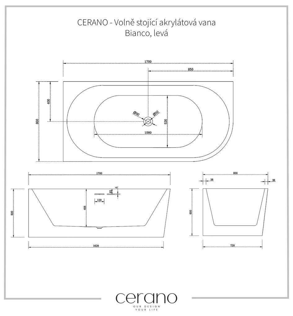 CERANO - Voľne stojaca akrylátová vaňa Bianco, ľavá - biela matná - 170x80 cm, CER-CER-477806