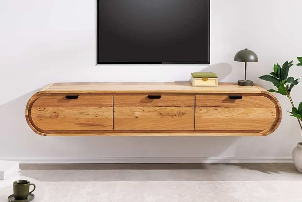 Závesný TV stolík HOLM 160 cm – Masívna akácia / Oblý dizajn