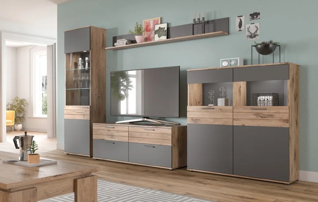 Vysoká vitrína Mason, dub/šedá