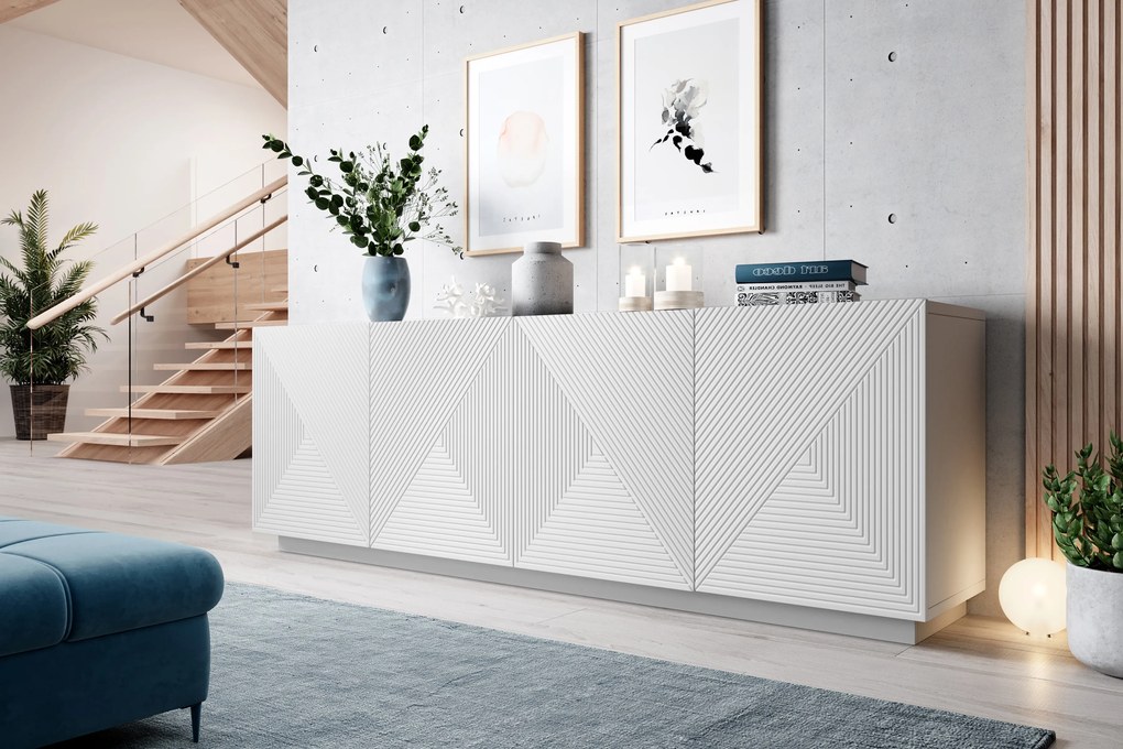 Komoda Asha 200 cm na sokli - biely mat