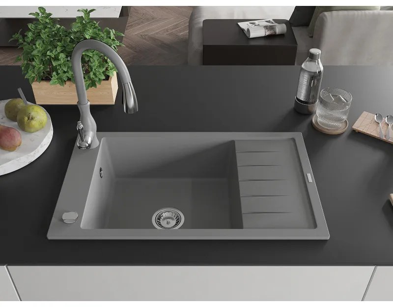 Mexen Elias, 1-komorový granitový drez 795x480x200 mm a drezová batéria Savita, šedá, 6511-71-672601-71