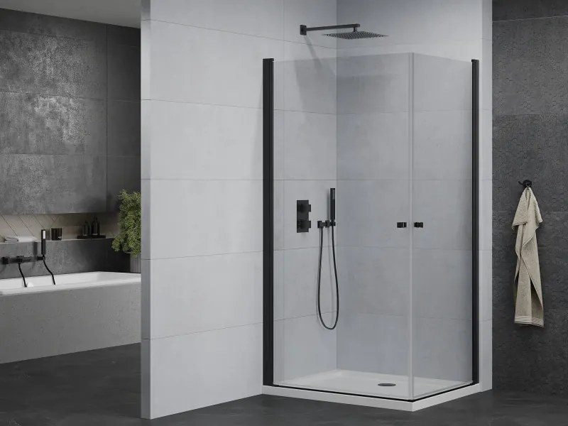 Mexen Pretoria Duo, sprchovací kút s 2-krídlovými dverami 90 (dvere) x 80 (dvere) cm, 6mm číre sklo, čierny profil + slim sprchová vanička 5cm biela s čiernym sifónom, 852-090-080-70-02-4010B