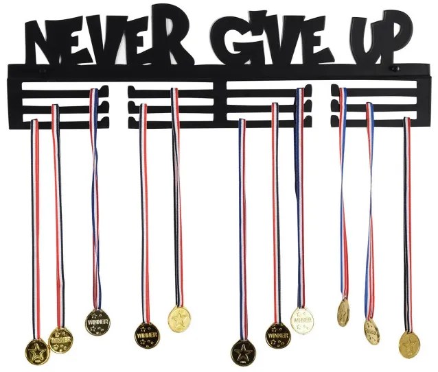 Nástenný vešiak na medaily NEVER GIVE UP čierny