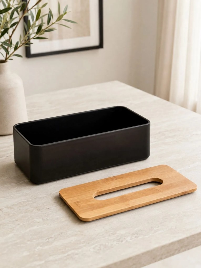 Box na vreckovky Natureo Black, 26x9x13 cm, čierna/s drevenými prvkami
