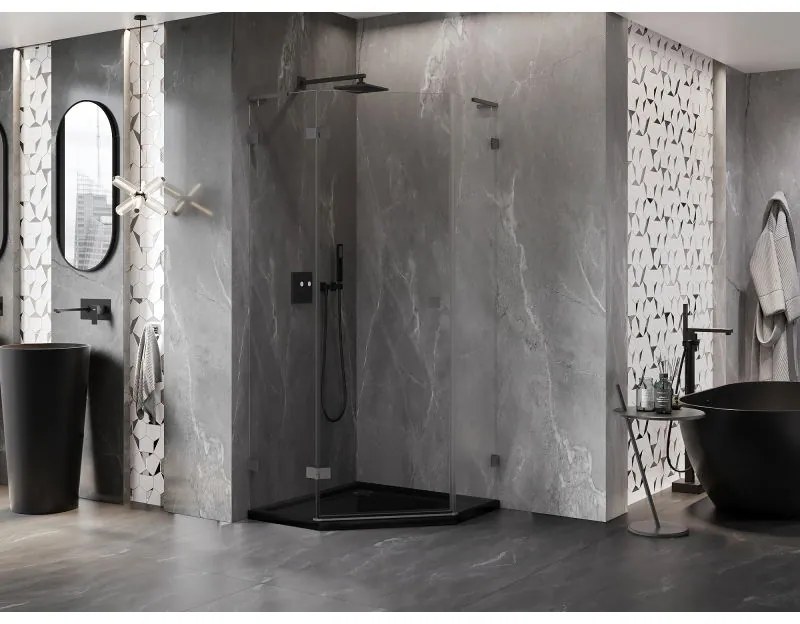 Mexen Lunar, L päťuholníkový sprchový kút naklápací doľava 90 x 90 cm, 8mm číre sklo, grafitový profil, 831L-090L-090P-95-00-L