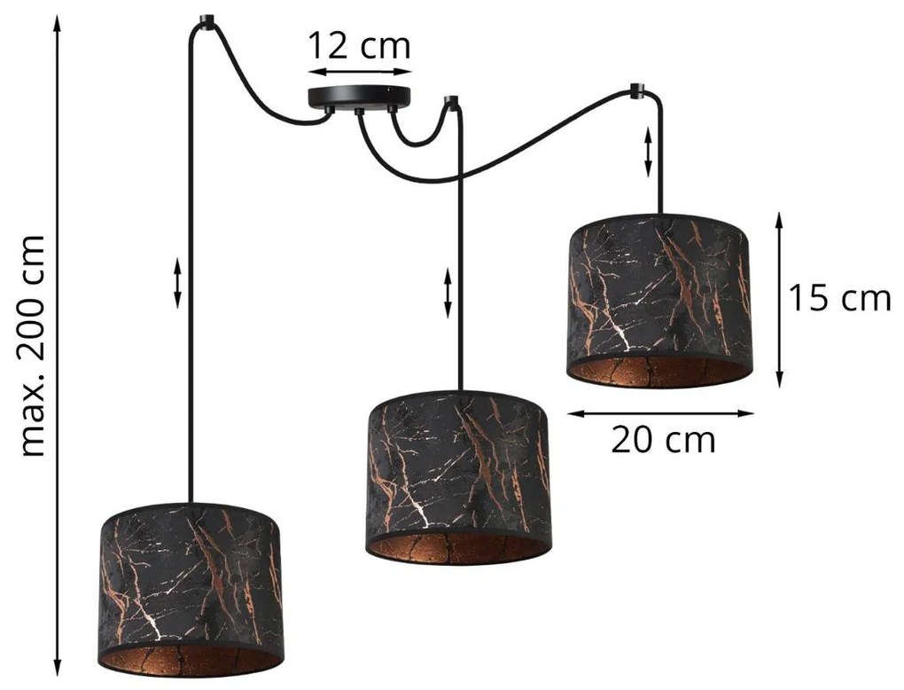 Závesné svietidlo WERONA SPIDER, 3x čierne textilné tienidlo so vzorom, C