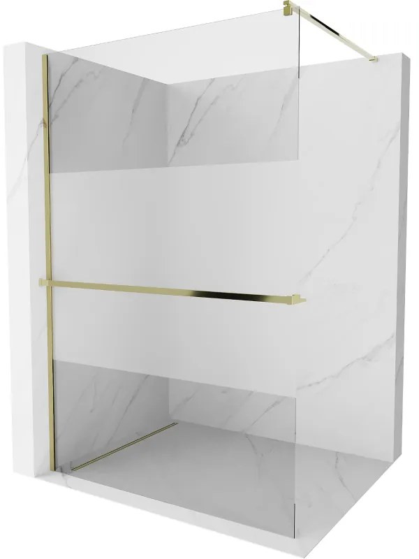 Mexen Kioto+, sprchová zástena s poličkou a držiakom na uteráky 120 x 200 cm, 8mm číre sklo vzor námraza, zlatý profil, 800-120-121-50-35