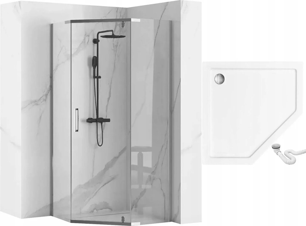 Päťuholníkový sprchový kút REA AXIN 90x90 cm, chróm/transparent + vanička Diamond biela