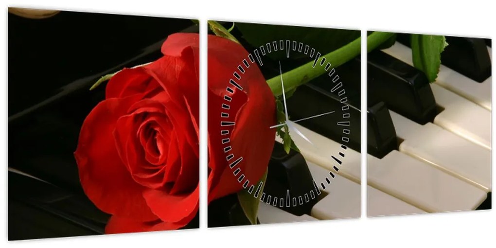 Obraz - Klavír a ruža (s hodinami) (90x30 cm)