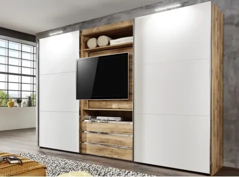Šatníková skriňa s TV panelom Magic, doskový dub/biela%