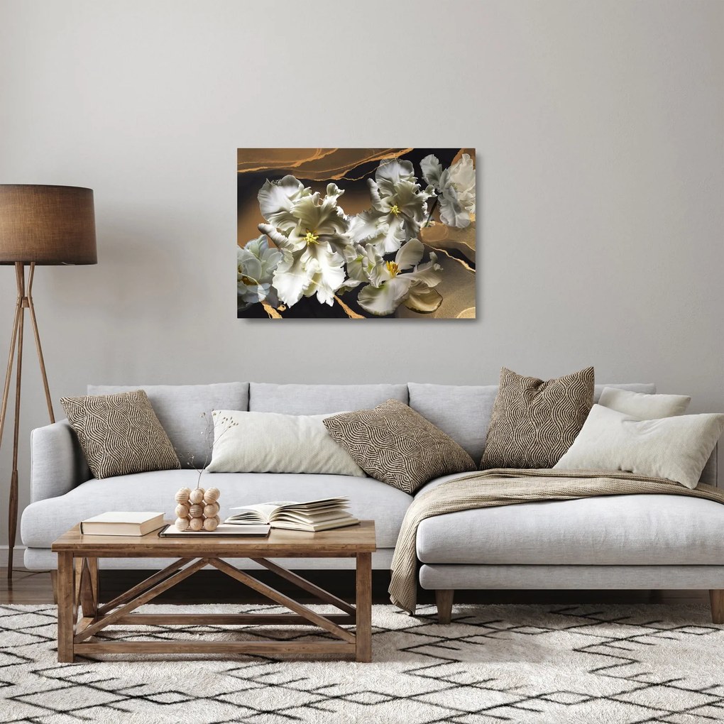 Sklenený obraz - Kvety orchideí na mramorovom pozadí (70x50 cm)